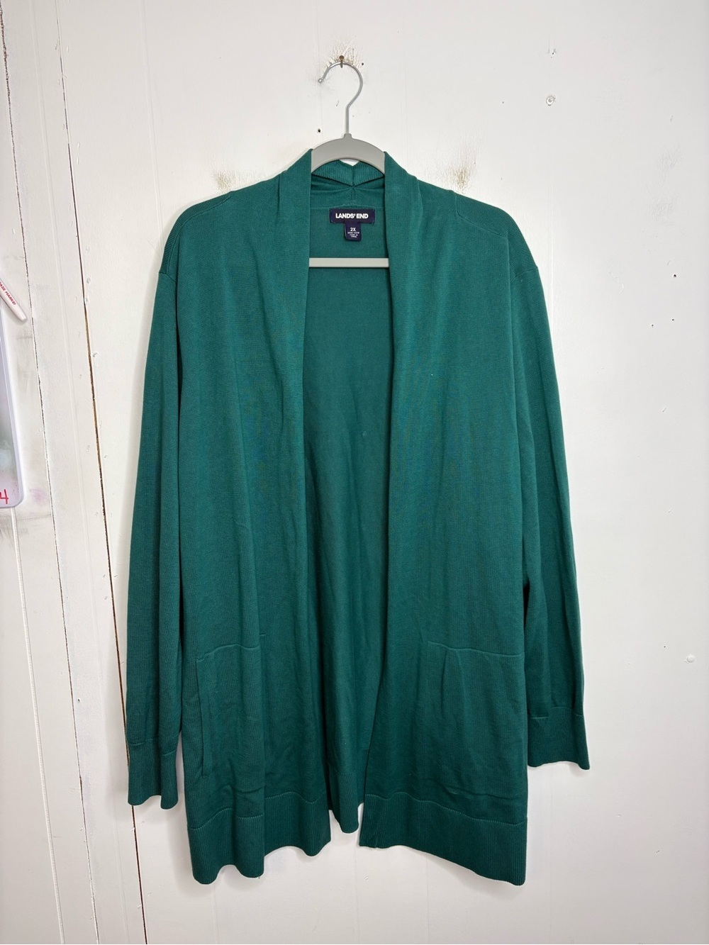 Lands End Sweater Womens 2X Teal Open Front Knit Cardigan Pockets Office